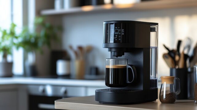 Modern Smart Coffee Maker in Kitchen Brewing Coffee Automatically with Voice Activation and Digital Display. Realistic Lifestyle Shot.