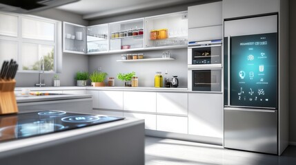 Futuristic Smart Kitchen Interior with Voice-Controlled Appliances for Modern and Efficient Cooking Experience