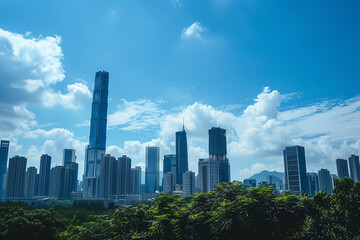 Skyscrapers Viewed from Below with Blue Sky and White Clouds