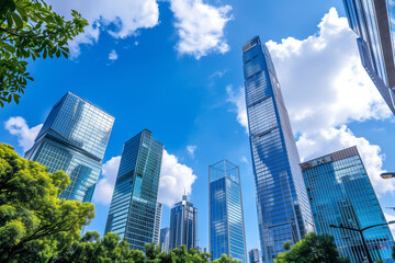 Fototapeta premium Skyscrapers Viewed from Below with Blue Sky and White Clouds