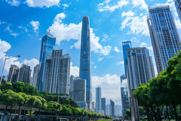 Fototapeta premium Skyscrapers Viewed from Below with Blue Sky and White Clouds