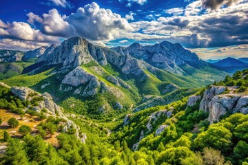 Naklejka premium Majestic Biokovo mountain range in Croatia, with lush green forests, rugged rocky peaks, and a serene blue sky, perfect for outdoor adventure and exploration.
