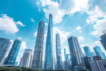 Fototapeta premium Skyscrapers Viewed from Below with Blue Sky and White Clouds