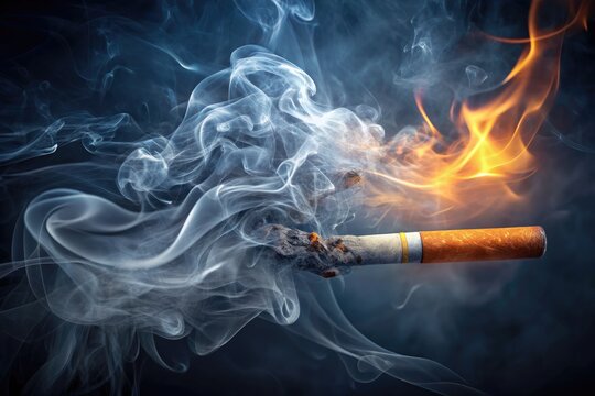 A realistic 3D rendered cigarette with smoke swirling above, lit end glowing orange, against a dark background, emitting a hazardous mist into the air.