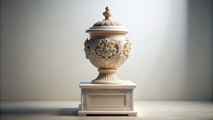 Fototapeta premium A solitary, ornate urn sits atop a pedestal, adorned with intricate carvings, against a stark, creamy white background, evoking contemplation and reverence.