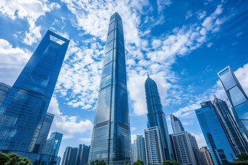 Fototapeta premium Skyscrapers Viewed from Below with Blue Sky and White Clouds