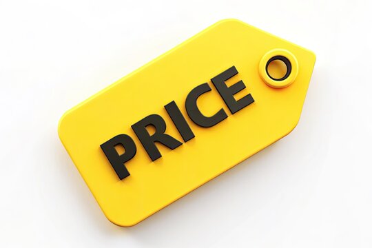 A bright yellow 3D price label with a bold black font and a subtle gradient effect hovering above a soft white background.