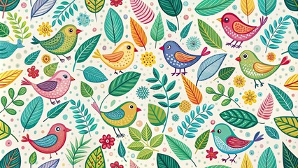 Fototapeta premium Whimsical pattern featuring colorful birds and leaves, cute, pattern, birds, leaves, nature,design, background, decorative