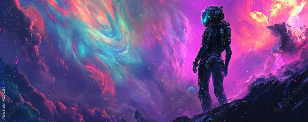 Poster astronaut exploring an alien planet with colorful nebula