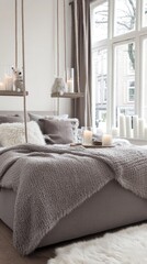 A bright Scandinavian bedroom features a wooden swing bed with a knitted blanket and pillows, complemented by candles and natural light streaming through the window