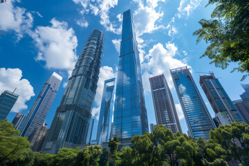 Obraz premium Skyscrapers Viewed from Below with Blue Sky and White Clouds