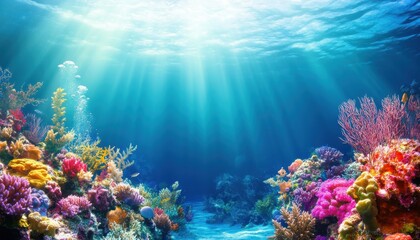 Colorful coral reef thriving under sunlight in clear blue ocean water