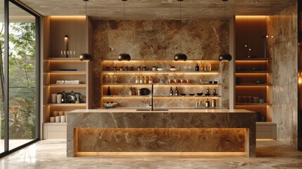 Modern kitchen interior featuring marble design, elegant lighting, and stylish shelving during daylight hours