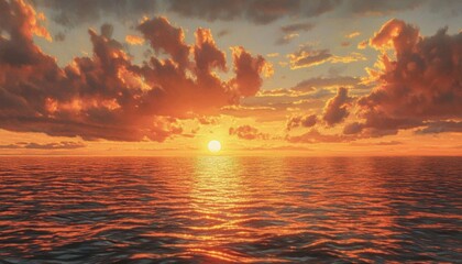 Golden sunset over calm ocean waters with dramatic clouds