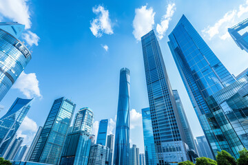 Fototapeta premium Skyscrapers Viewed from Below with Blue Sky and White Clouds