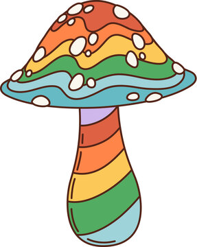 Naklejki Cartoon retro groovy mushroom with psychedelic rainbow colors, vector 70s hippie comic. Groovy toadstool or amanita mushroom with rainbow colors flow for happy Y2K emoji or rave music sticker