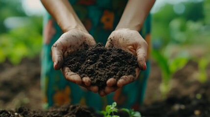 A person holds rich soil in their hands while tending to a garden in a vibrant outdoor setting during daylight hours
