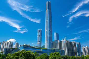 Skyscrapers Viewed from Below with Blue Sky and White Clouds