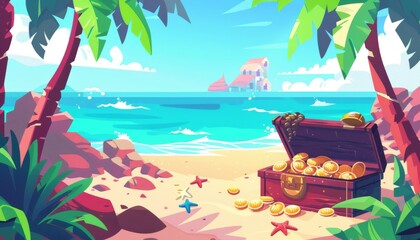 Treasure island adventure pirate ship and golden chest. Cartoon game illustration background.