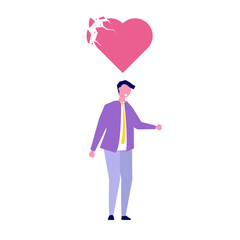 Businessman with broken heart. Despair or disappointment, failure to achieve targets concept. Vector illustration.