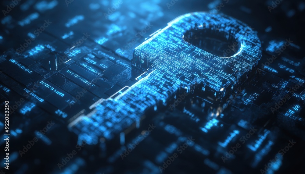 Poster digital representation of a key symbol illuminated against a circuit-board background