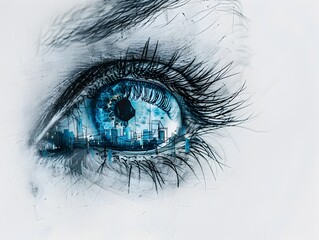 Detailed Sketch of an Eye with Reflections of an Urban Cityscape Within the Iris