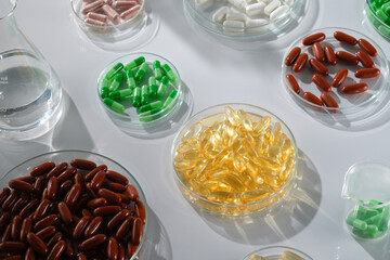 Many petri dishes containing different drugs on a white background. Fish oil pills, multivitamins, antibiotics and painkillers... experimental concepts for advertising medicinal products
