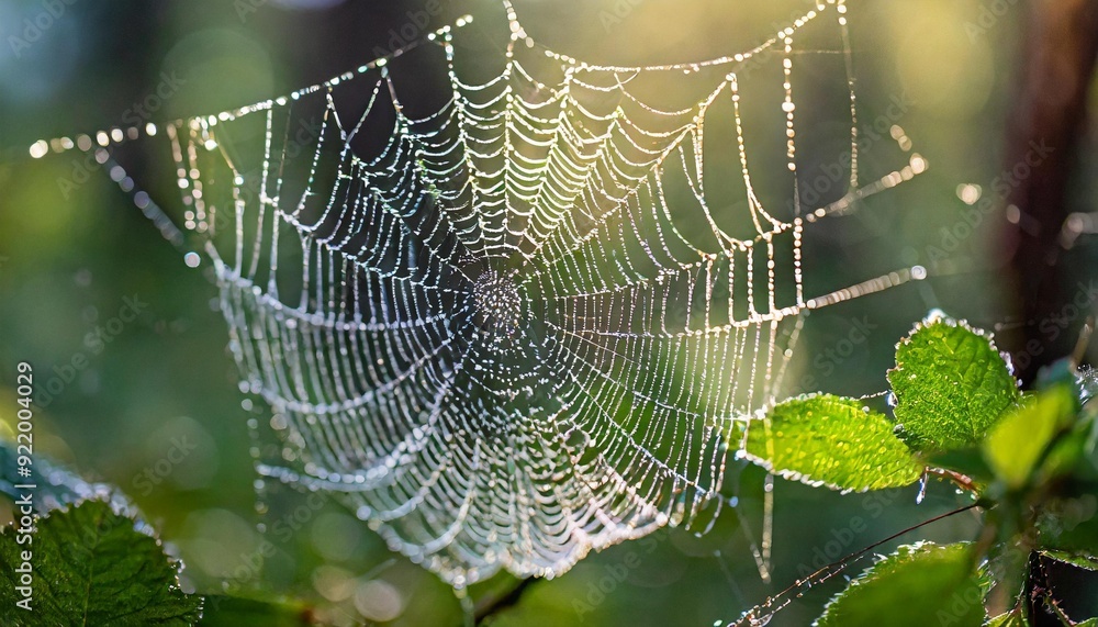 Wall mural a close-up macro shot of a dew-covered spider web in a forest at dawn. the delicate strands of the w