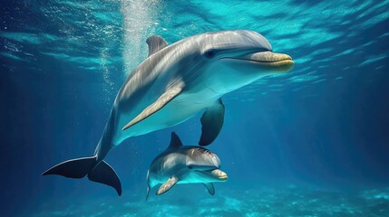 Obraz premium Dolphin swimming gracefully underwater with his son