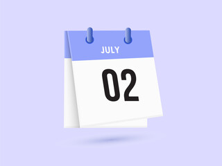 July 2 - calendar and Time planner. Daily Calendar Icon reminder. Vector Illustration.