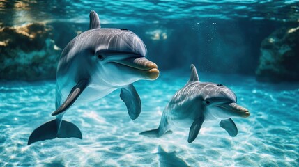 Obraz premium Dolphin swimming gracefully underwater with his son