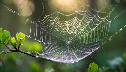 A close-up macro shot of a dew-covered spider web in a forest at dawn. The delicate strands of the web glisten with tiny droplets of water, while the background is softly blurred with hints of green f