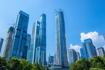 Skyscrapers Viewed from Below with Blue Sky and White Clouds