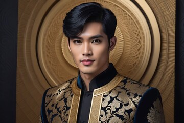 Portrait of a handsome young asian man in traditional Chinese costume