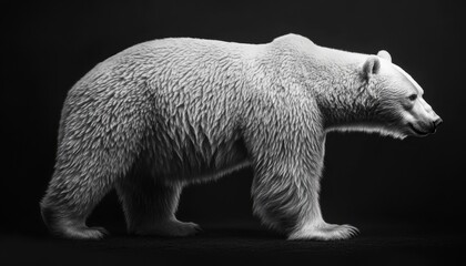 Polar bear walking against a dark background in a wildlife exhibit