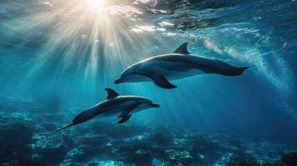 Naklejka premium Dolphin swimming gracefully underwater with his son