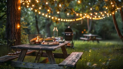 Cozy Backyard with Grilled Delicacies Picnic Tables and String Lights