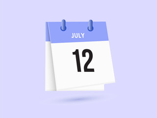 July 12 - calendar and Time planner. Daily Calendar Icon reminder. Vector Illustration.
