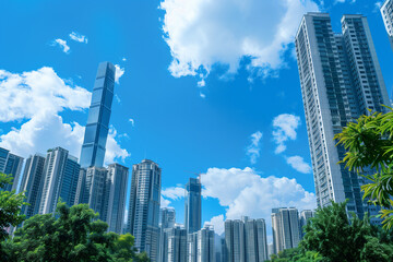 Skyscrapers Viewed from Below with Blue Sky and White Clouds