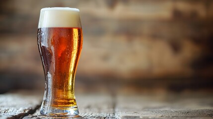 Freshly Poured Amber Craft Beer in a Chilled Glass on a Rustic Wooden Table with Copyspace