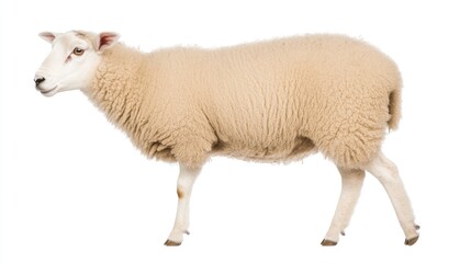 Fototapeta premium A charming and fluffy sheep gracefully posed against a pure white background in a high-resolution studio setting