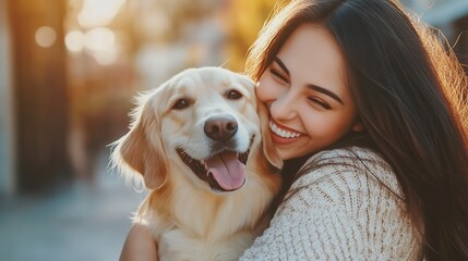 Portrait of beautiful women hugging cute dog with smile and happiness by the front the house background, lovely moment of pet and owner.