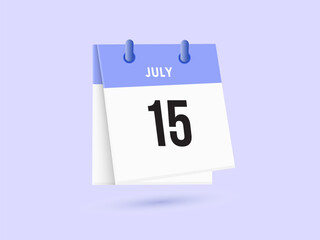 July 15 - calendar and Time planner. Daily Calendar Icon reminder. Vector Illustration.