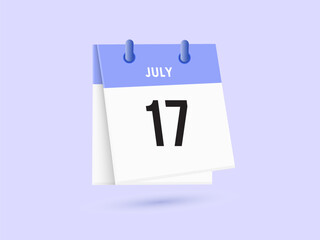 July 17 - calendar and Time planner. Daily Calendar Icon reminder. Vector Illustration.