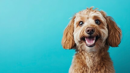 Fototapeta premium Cute, happy dog headshot smiling on a bright on blue background.