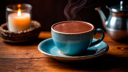 thick hot chocolate in a cup on a wooden table, cozy home atmosphere