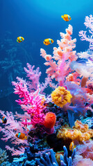 Obraz premium Exotic oceanic colorful fluorescent coral reef with fishes on blue background. Aquarium hobby. Generative AI