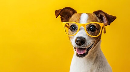 Portrait of colorful adorable dog with yellow glasses on yellow background