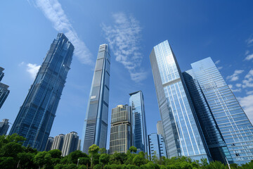 Fototapeta premium Skyscrapers Viewed from Below with Blue Sky and White Clouds