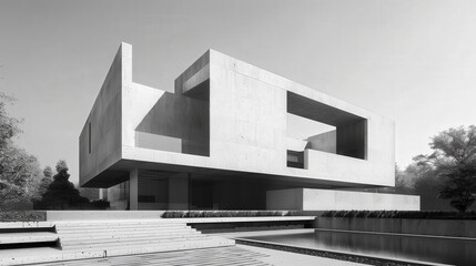 Modern architectural structure with minimalist design and geometric shapes.